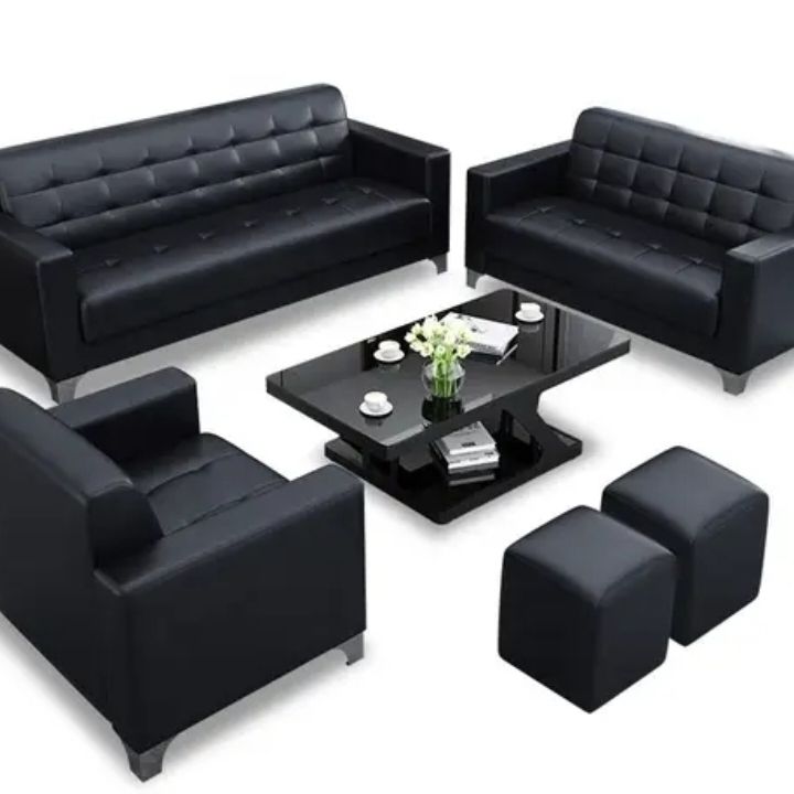 Black Leather Sofa Set with Ottomans